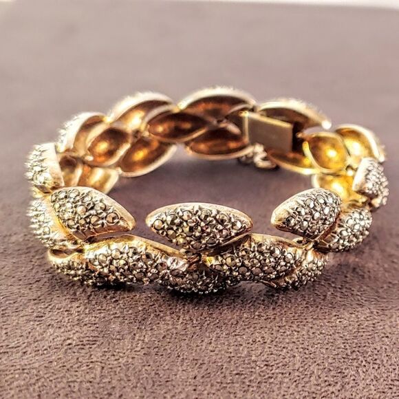 Vintage Marcasite Gold Over Sterling Link Bracelet - Picture 1 of 8